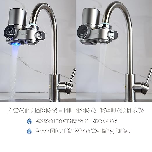 Combo Eurolife Faucet Mount Water Filter EL-LS-A13, LED Sink Water Filter with UV Light and Real Time Filter Life Indicator, Carbon Filter 8 Level fine Filtration, Extra More 2 Carbon Filter Included