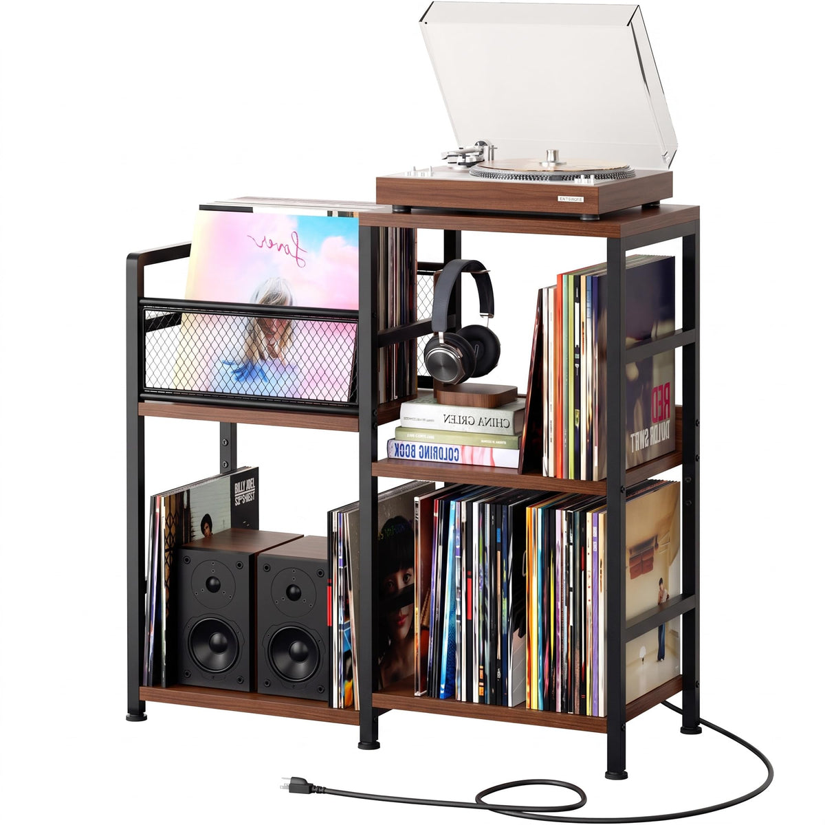 Record Player Stand with Outlet and Vinyl Storage, Warm Acacia - Image 1