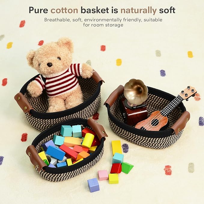 5 Piece Storage Baskets Small Woven Basket with Detachable Leather Handle, Cotton Rope Shelf Baskets for Closet Organizers, Different Sizes Basket Decor, Black Brown