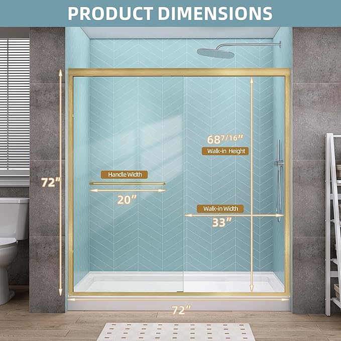 GETPRO Shower Door Double Sliding 68-72 in. W x 72 in. H Semi-Frameless Bypasss Bathroom Glass Shower Sliding Doors,1/4 inch Clear Tempered Glass Door for Walk-in Shower Brushed Gold