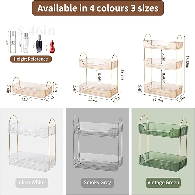 2 Tier Bathroom Organizer Countertop Makeup Perfume Tray Skincare Organizer for Bathroom Dresser Vanity (Gold)