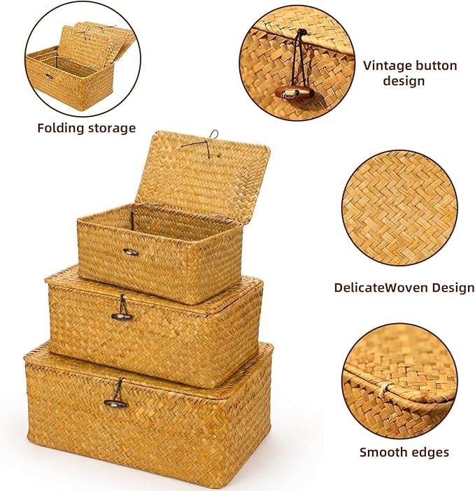 Yesland Shelf Baskets with Lid Set of 3, Handwoven Seagrass Storage Bins Box Rectangular Seagrass Basket Storage Organizer Wicker Basket for Shelf