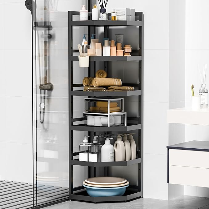 6 Tier Standing Corner Shower Caddy,Waterproof and Rust Proof,Adjustable Height,Multi-functional Tiered Storage for Shower Gel,Shampoo,Cosmetics,Kitchen Supplies,Black