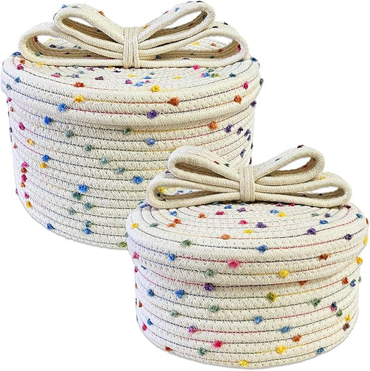 Small Storage Baskets with Lids, Round Woven Rope Basket with Lid, Cute Small Storage Box for Toy, Gift or Home Decor, Small Decorative Basket with Rainbow Pom-pom & Bow Handle (rainbow)