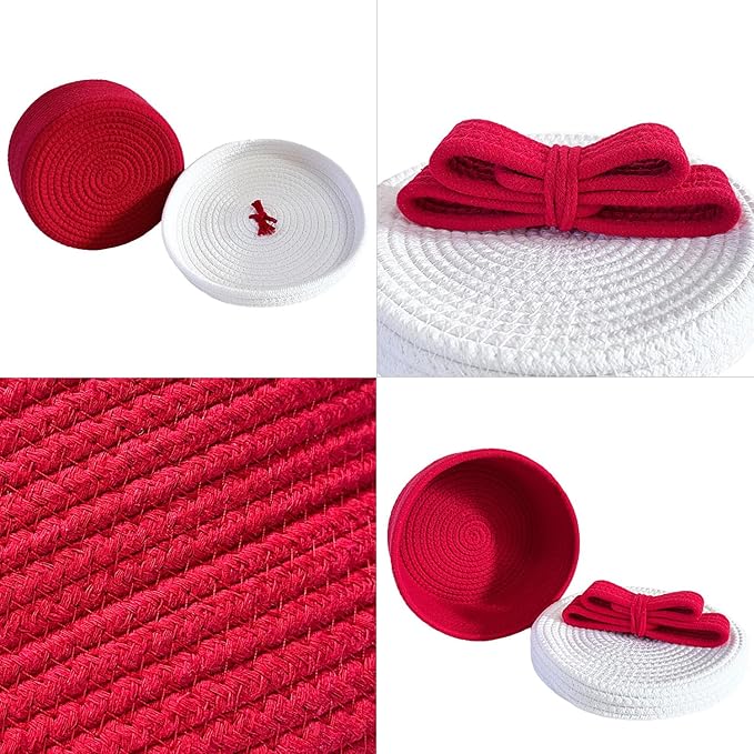 Small Storage Baskets with Lids, Round Woven Rope Basket with Lid; Cute Storage Box for Toy, Gift or Home Decor; Small Decorative Bin with Chic Bow Handle Design (Red)