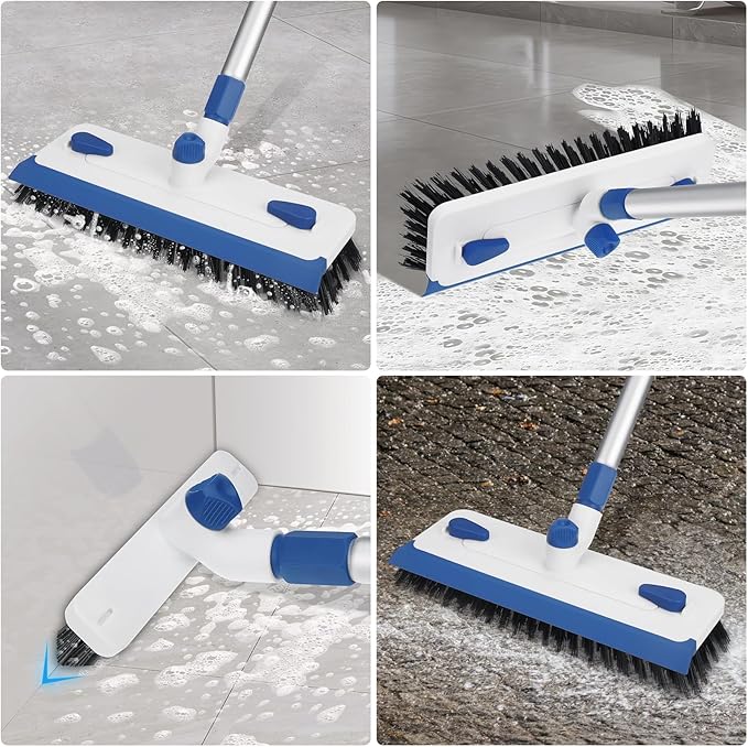 Qaestfy Floor Grout Scrub Brush with Squeegee 3 in 1, 55'' Extendable Long Handle Floor Scrubber Cleaner Brush for Scrubbing Deck, Tile, Garage, Patio, Concrete, Rug, Shower Bathroom