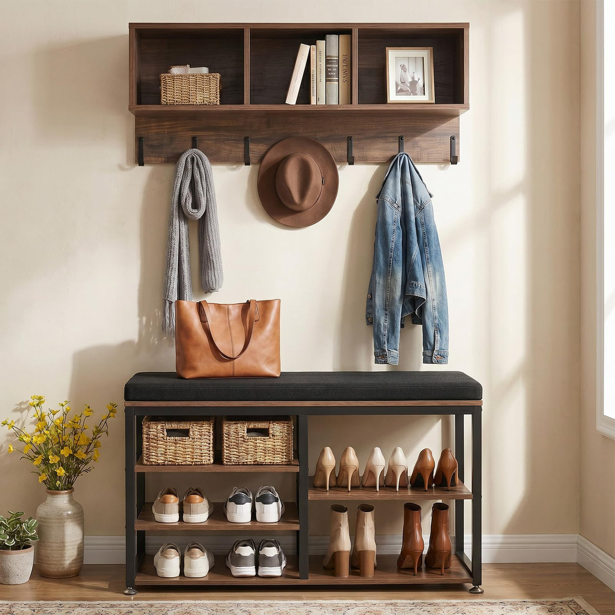 VEVOR Coat Rack with Shoe Bench, 3-in-1 Shoe Coat Rack - Image 1