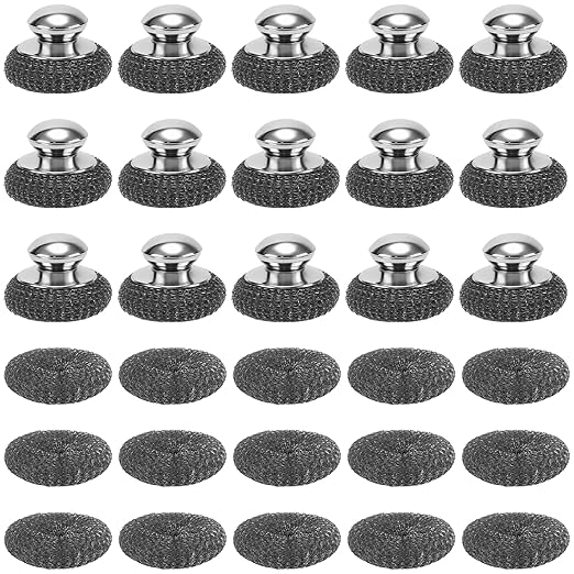 30 PCS Steel Wool Scrubbers with Handle, Equipped with Replacement Steel Scouring Pads, Metal Scrubber for Cleaning Dishes, Pans, Cast Iron, Pots, Grills, Stoves, Sink, Silver