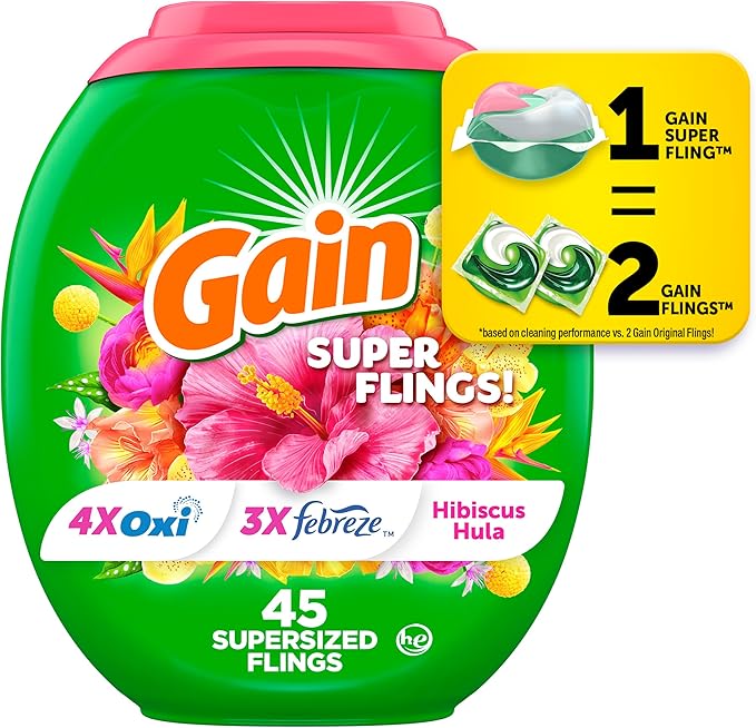 Gain Super Flings Laundry Detergent Pacs, 45 Count, Hibiscus Hula scent, irresistibly clean and fresh washing detergent laundry soap pacs