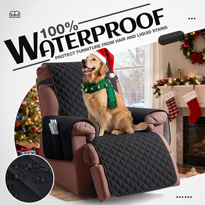 KinCam 100% Waterproof Recliner Chair Cover, Reclining Couch Covers for Pets, Dogs, Recliner Couch Slipcover Furniture Protector with Elastic Straps for Kids(30", Black)