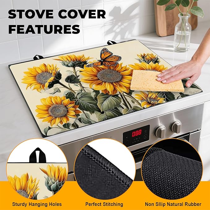 Stove Top Cover Retro Flower Gas Stove Top Cover for Home Decoration Kitchen Pad Non-Stick Washable Cooktop Covers Countertop Protector Keep Stove Clean 28"x20" (sunflower-1)