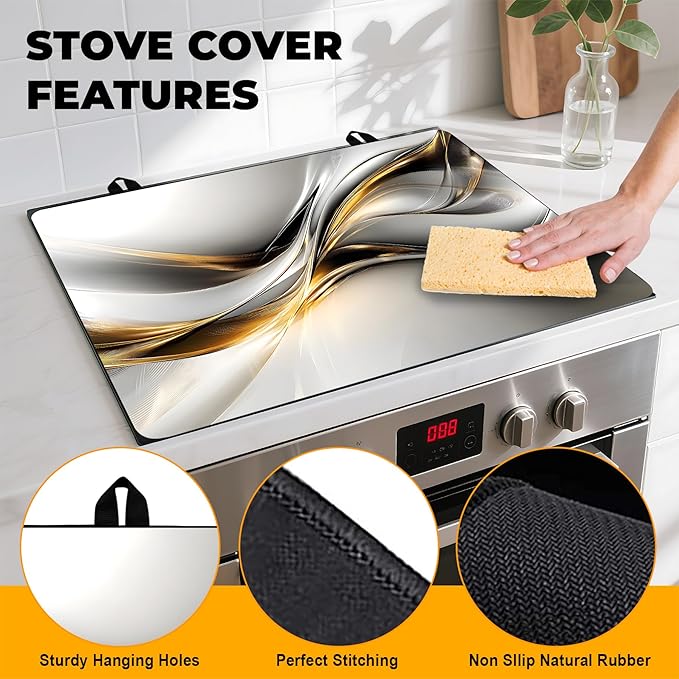 Stove Top Cover Flower Gas Stove Top Cover for Home Decoration Kitchen Pad Non-Stick Washable Cooktop Covers Countertop Protector Keep Stove Clean (Silvery, 28L"x20W")