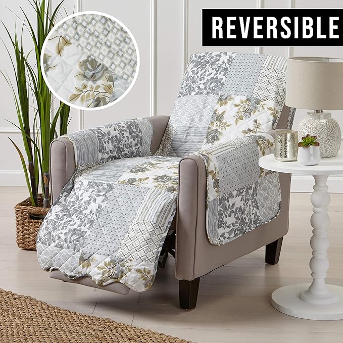 Great Bay Home Reversible Patchwork Recliner Chair Cover - Washable Slipcover Furniture Protector with Elastic Straps - Couch Cover for Dogs, Kids, and Pets - Box-Stitched Detail (Recliner, Grey)
