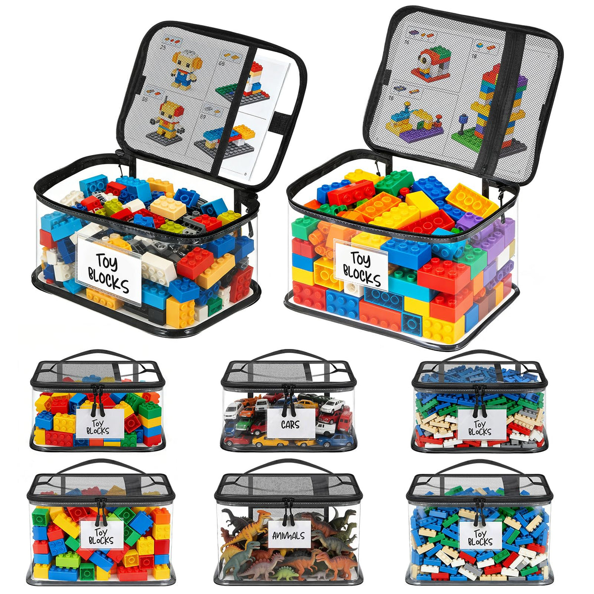 6 Mixed Pack Large Toy Storage Bags, Clear Toy Organizer - Image 1