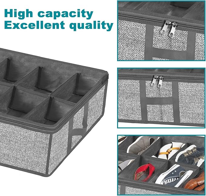 Under Bed Shoe Storage Organizer for Closet 2 Pack- Fits 24 Pairs Underbed Shoes Rack Container Boxes with H Shap Sturdy Handles and Clear Window,Foldable Shoe Rack Holder,Grey