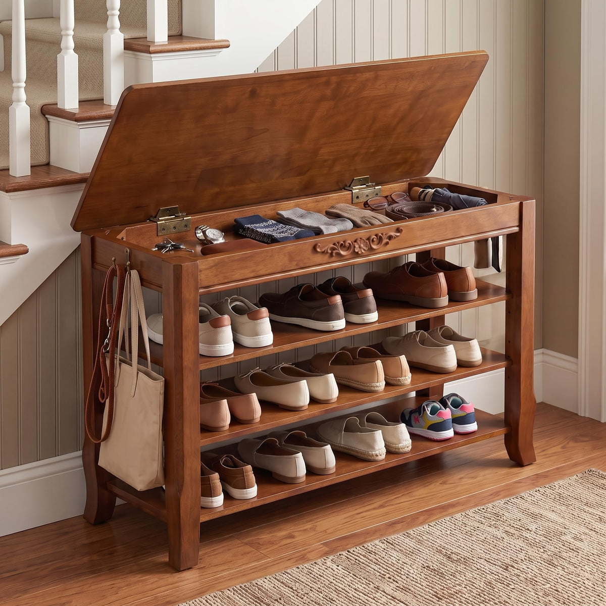 Shoe Rack Bench with Storage 3 Tier Solid Wood Entryway - Image 1