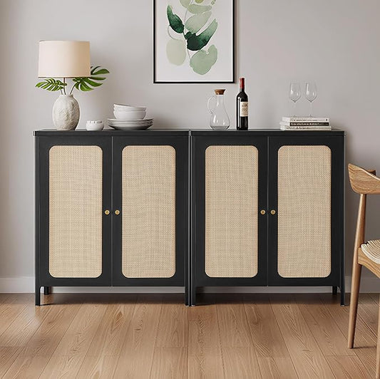2 PCS Rattan Sideboard Buffet Cabinet 2 Door Boho Kitchen Storage Cabinet Accent Console for Living Room, Hallway, Kitchen, Sideboard, Buffet Table Black