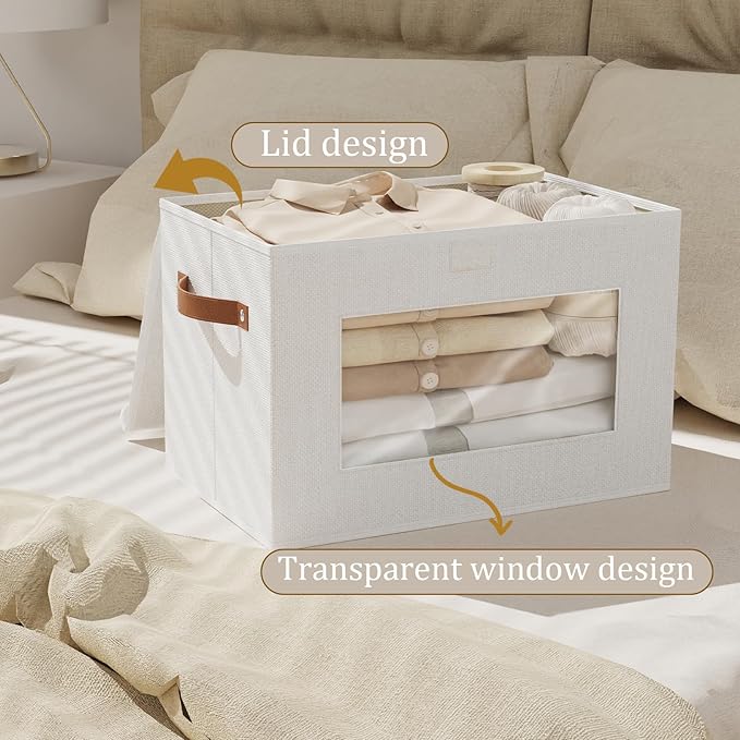 Fabric Storage Basket with Lid, 10.2 x 7.8 x 6.7 Inch Storage Box for Shelves with Handles, Decorative Linen Closet Organizer, White, 1-Pack