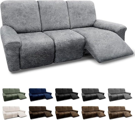 Couch Cover 8-Pieces Sofa Covers Washable Recliner Sofa Covers 3 Seater Leather Look Recliner Slipcovers with Pockets Spandex Fabric Furniture Covers(Recliner Sofa, Light Grey)