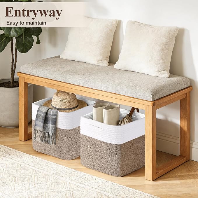 Storage Cubes 11 Inch Storage Baskets for Shelves, Cotton Rope Woven Baskets for Organizing, Cube Storage Square Bins for Toy, Playroom Decor, Classroom, Closet, White+brown, 1pack