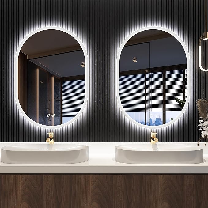 S'bagno 2pcs 28x20 inch Oval-Led-Bathroom-Mirror Dimmable Brightness, Lghted-Bathroom-Mirror with Defogger, Touch-Buttons, Lights Color Changing, Vertical and Horizontal