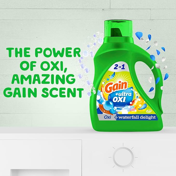 Gain Ultra Oxi Liquid Laundry Detergent, Waterfall Delight Scent, 194 fl oz, 134 Loads, Freshness + Odor Fighting, High Efficiency Washing Machine Liquid Cleaning Soap