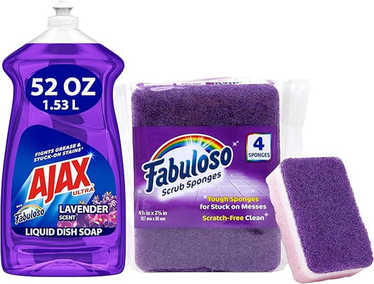 Ajax Ultra Liquid Dish Soap With Fabuloso, Lavender Scent, 52 Oz with Fabuloso Sponges Purple 4 CT