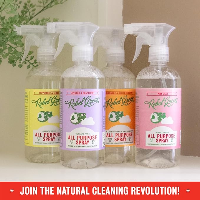 Rebel Green Natural 16 oz All-Purpose Cleaning Spray with 64 oz Refill Bottle - Plant-Based Multi-Surface Cleaner for Kitchen, Bath, Countertops and More - Lavender & Grapefruit Scent