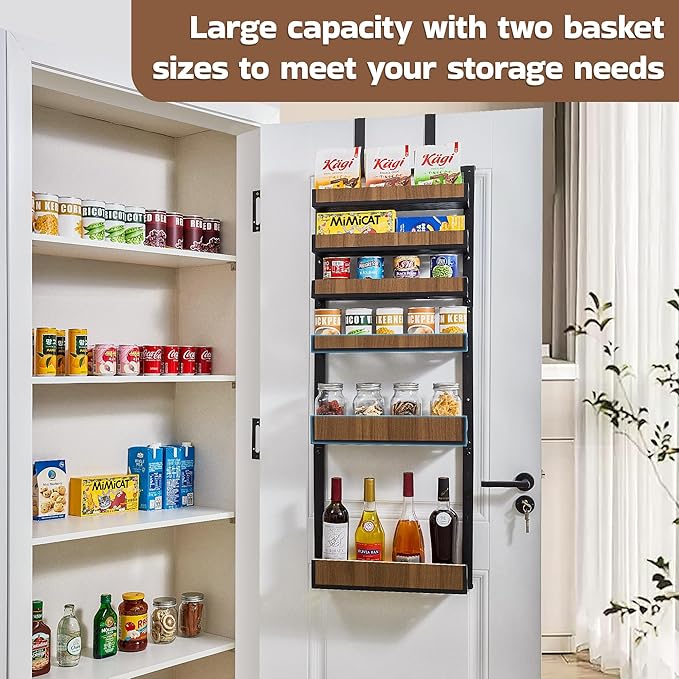 Fulifix Over The Door Pantry Organizer with Solid Wooden Baskets, 6-Tier Pantry Door Organizer Wall Mount, Metal Hanging Spice Rack Organization and Storage for Home, Kitchen, Cabinet