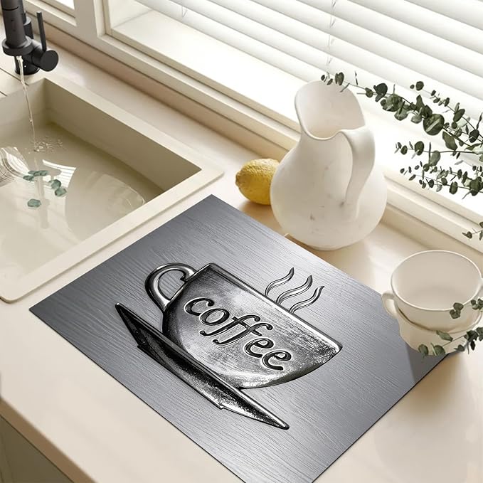 Stove Top Cover for Electric Coffee Cup Design Diatomite Stovetop Cover 28x20 Inch Heat Resistant Kitchen Coffee Bar Mat Sink Pad