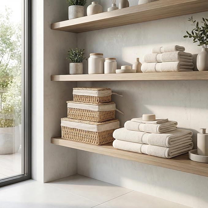Woven Storage Baskets with Lids, Set of 3, Gray Paper Rope Wicker Bins with Lids & Removable Liners, Stackable Shelf Organizer Boxes for Bathroom Closet Nursery