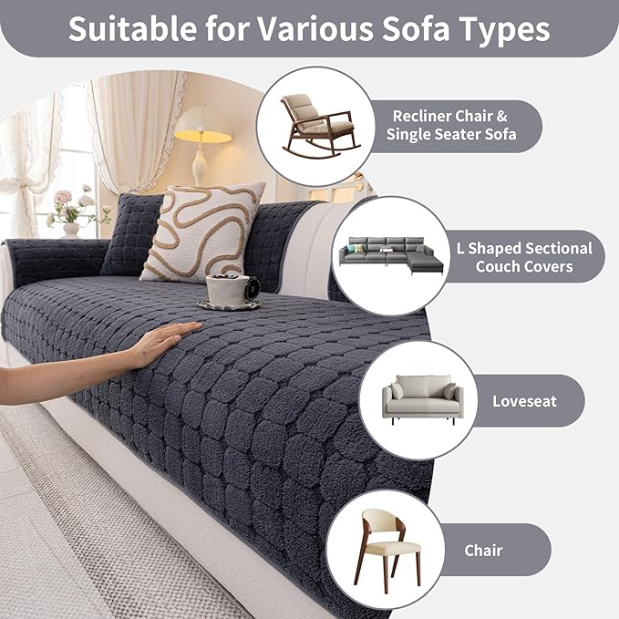 Velvet Sofa Covers Washable, Plush Warm Couch Cover for Loveseat, Funny Fuzzy Couch Covers for Pets&Kids, Non-Slip Sectional Sofa Cover(1PC, Dark Grey, 35.4"×47.2", Loveseat)