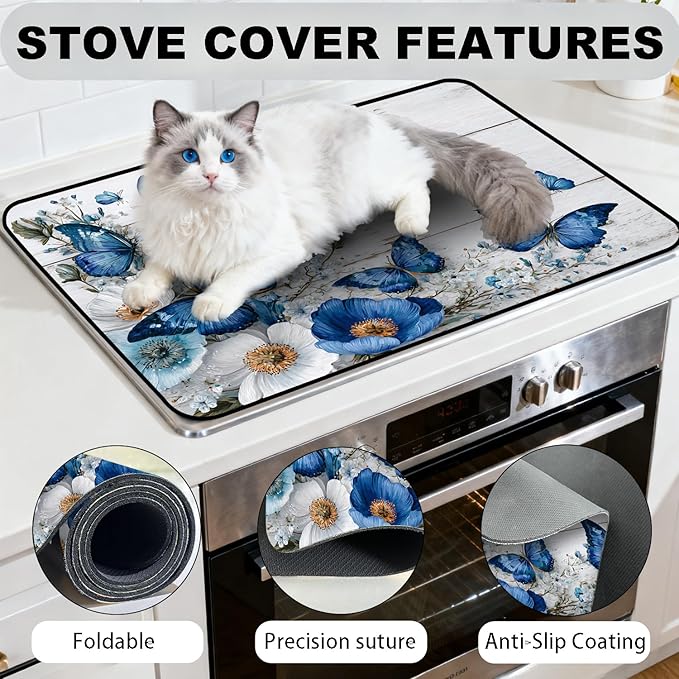 Glass Stove Top Covers for Electric Stove, Heat Resistant Counter Protector Mat, Non Slip Waterproof Surface Cover for Kitchen Counter and Cooktop (Blue Butterfly, 28"L x 20"W)