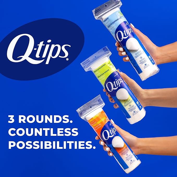 Q-Tips Premium Cotton Rounds for Face, 100% Cotton, Soft Lint Free Makeup Remover Pads, Cleansing Face Pads for Toner, Nail Polish Remover, Skin Care and Beauty Use, 80 Count Per Pack, 6 Pack
