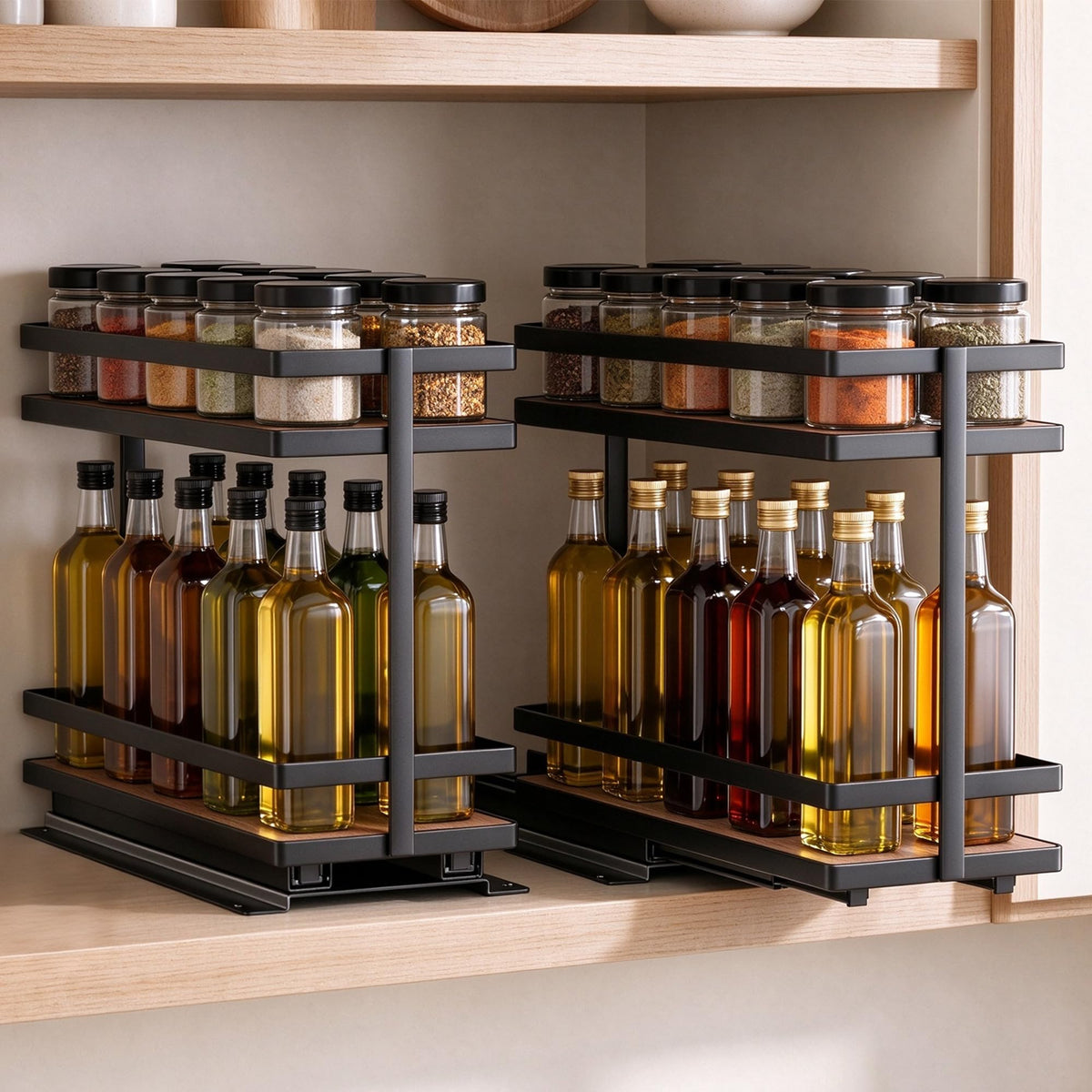 Pull Out Spice Rack 2Pcs Metal & Wood Seasoning Organizer Black - Image 1