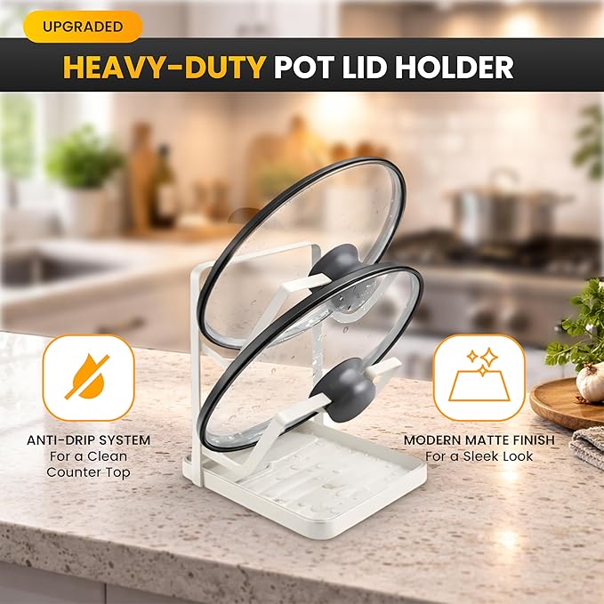 Pot Lid Holder with Removable Drip Tray, Multifunctional Double Layer Heavy Duty Pot Lid Organizer for Countertop, Kitchen Pot Lid Storage Rack for Covers, Cutting Boards, Utensils