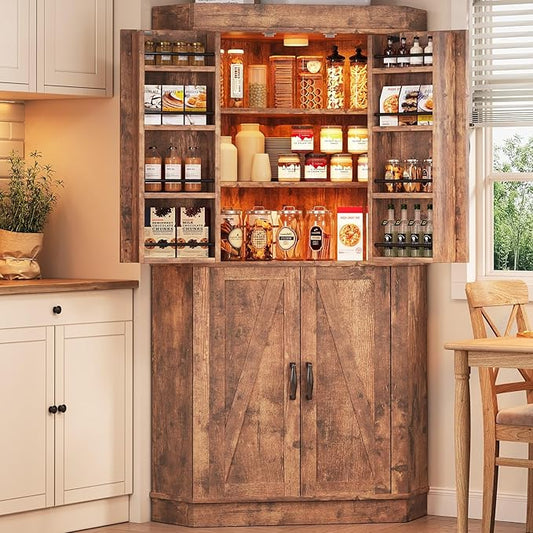 Corner Kitchen Pantry Storage Cabinet with Doors, Kitchen Hutch, 71'' Tall Food Storage Cabinet Furniture for Living Room, Dining Room (Brown)