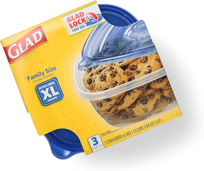 Glad GladWare XL Square Food Storage Containers, Family Size Meal Container with Lock Tight Seal for Leftovers and Meal Prep, Reusable and Dishwasher Safe, 104 Oz, 3 Count - 3 Pack