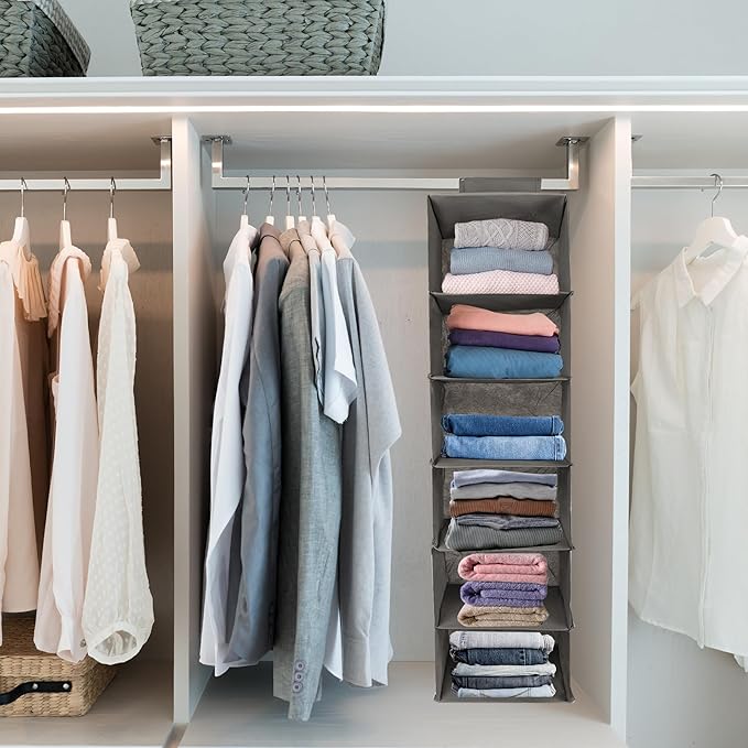 Hanging Shelves Hanging Closet Organizers and Storage 43-inch Non-Woven Fabric Hanging Closet Shelves for Wardrobe and Shoe Cabinet for Storing Clothes and Shoes.(2pcs 6-Tier Light Grey)