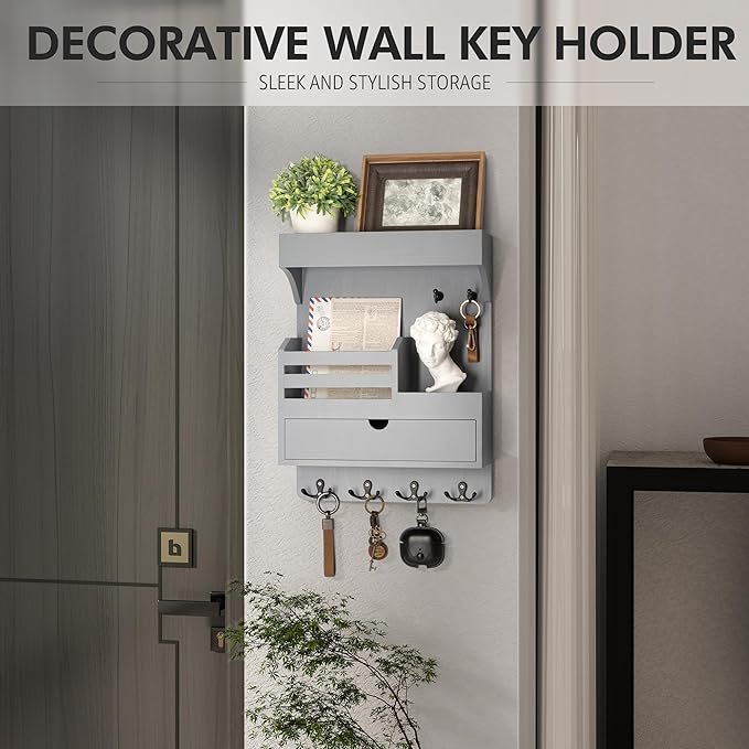 Rebee Vision Wooden Key Holder Wall Mount with Drawer Organizer – Modern Mail and Key Organizer for Wall Featuring 6 Robust Hooks & a Floating Shelf – Trendy Home Decor Solution (Gray)