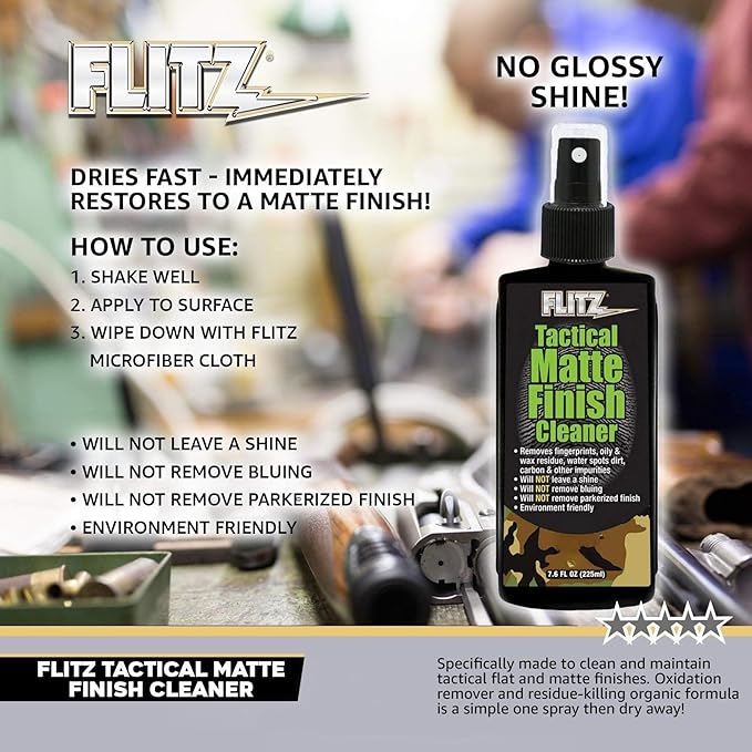 Flitz Tactical Matte Finish Cleaner - 7.6oz Bottle of USA-Made Gun Cleaner Spray to Remove Fingerprints, Oil, & Other Grime - Fast-Drying Cleaning Solution for Gun Wraps & More (3 Pack)