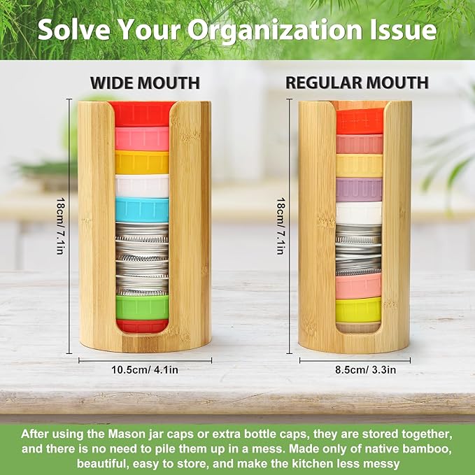 Mason Jar Lid Organizer (2pcs), Mason Jar Lid Storage Made of Bamboo, Suitable for Mason/Canning/Bamboo Lids(WIDE/REGULAR), Fit Perfectly, Stackable Steady
