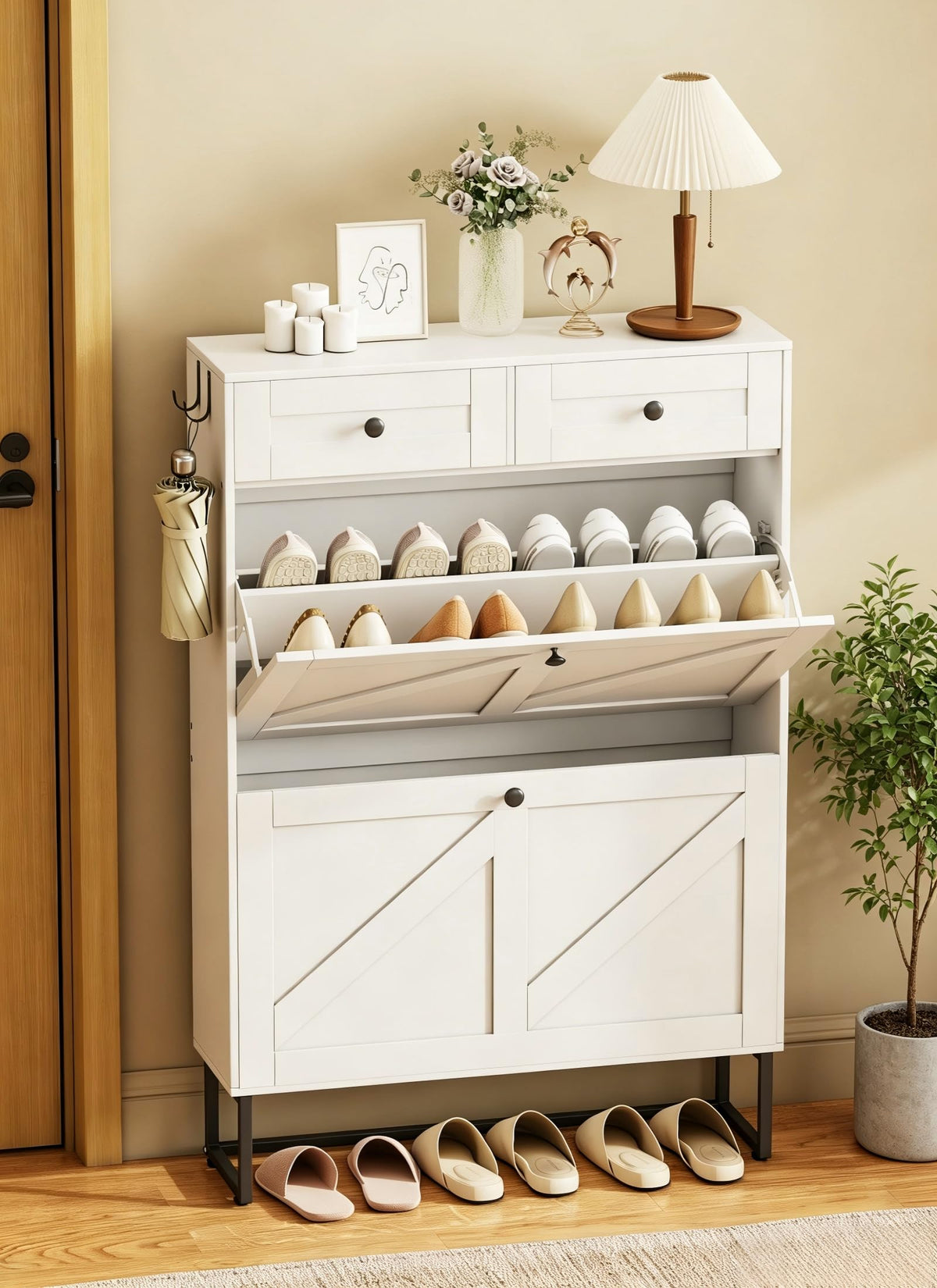 Shoe Storage Cabinet with 2 Flip Drawers & 2 Fabric - Image 1