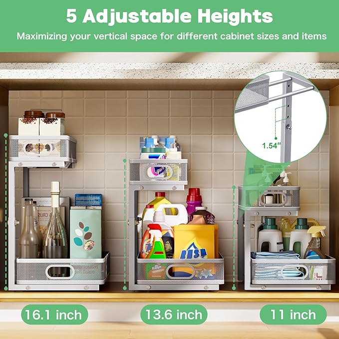 Under Sink Organizer, Height Adjustable 2 Tier Under Sink Organizers and Storage, Slide Out Metal Cabinet Organizers, Pull Out Sink Storage Drawer Shelf for Kitchen Bathroom Cabinet, Grey, 2 Pack