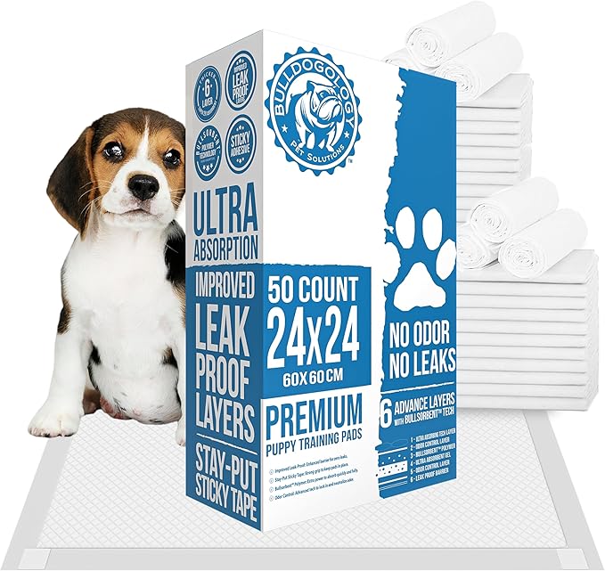 Bulldogology 50-Count Dog Puppy Pads (24x24) Large Pee Pads for Dogs - 6 Layer Pet Training Pads, Super Absorbent Puppy Pads with Adhesive Tabs for Small to Large Dogs