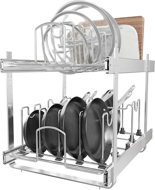 2-Tier Kitchen Pull out Cabinet Organizer for Pots, Pans, and Lid Cookware, Adjustable Heavy Duty Wire Pan and Pot Rack, Full-Extension Rail 15" W *22" D