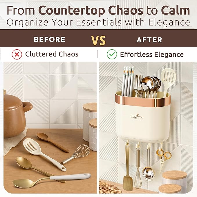 COZYTO LuxTray U1-Pro Wall Mounted Utensil Holder – Kitchen Organizer with Hooks, Dividers & Drain Tray, No-Drill Adhesive Wall Mount Storage, BPA-Free (Cream White & Rose Gold)