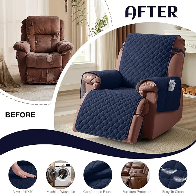 KinCam 100% Waterproof Recliner Chair Cover, Reclining Couch Covers for Pets, Dogs, Recliner Couch Slipcover Furniture Protector with Elastic Straps for Kids(30", Dark Blue)