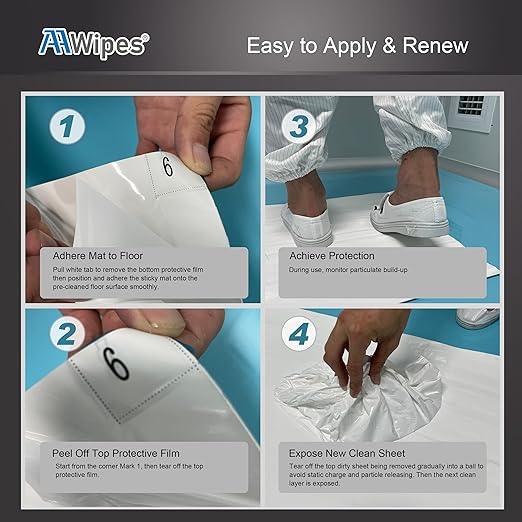 AAwipes Sticky Mat Tacky Pads Adhesive 24" x 36" 5 Packs, 30 Sheets/Packs, 150 Sheets Total Grey Cleanroom Floor Mats Remove Dirt for Laboratory Construction Hospital Shoes