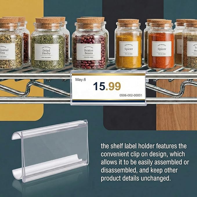 Kathfly 100 Pcs Plastic Wire Shelf Label Holder, Sign and Ticket Holder Clips with Paper Insert Area 3"x1.25" Compatible with Metro 1-1/4 Inch Shelves, Label Inserts Included